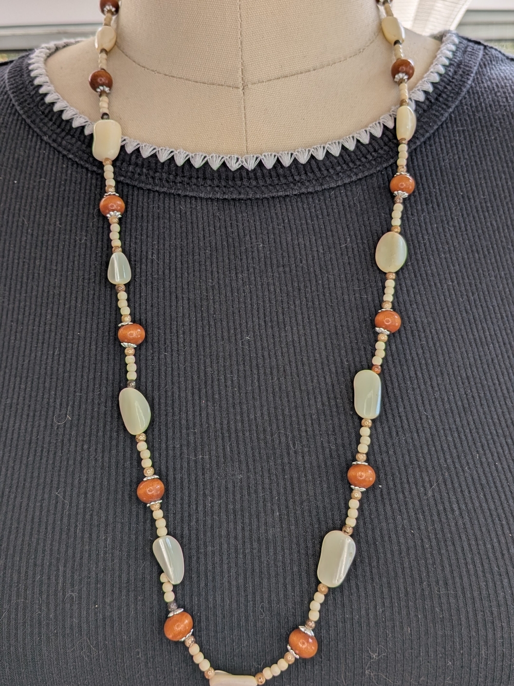 Vintage 27 Inch Natural Wood Bone Mother of Pearl Shell Beaded Barrel Clasp